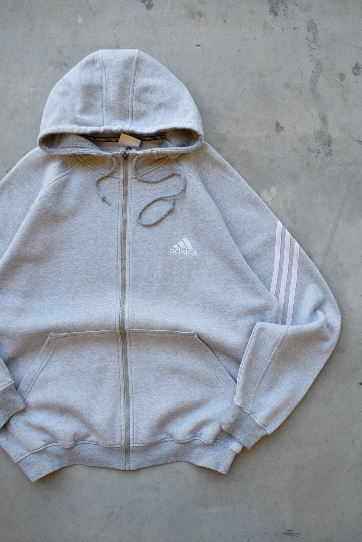 Adidas Grey Embroidered Spellout Full-Zip Hoodie — 1990s (XL) - Retrospective Store