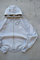 Adidas Grey Embroidered Spellout Full-Zip Hoodie — 1990s (XL) - Retrospective Store