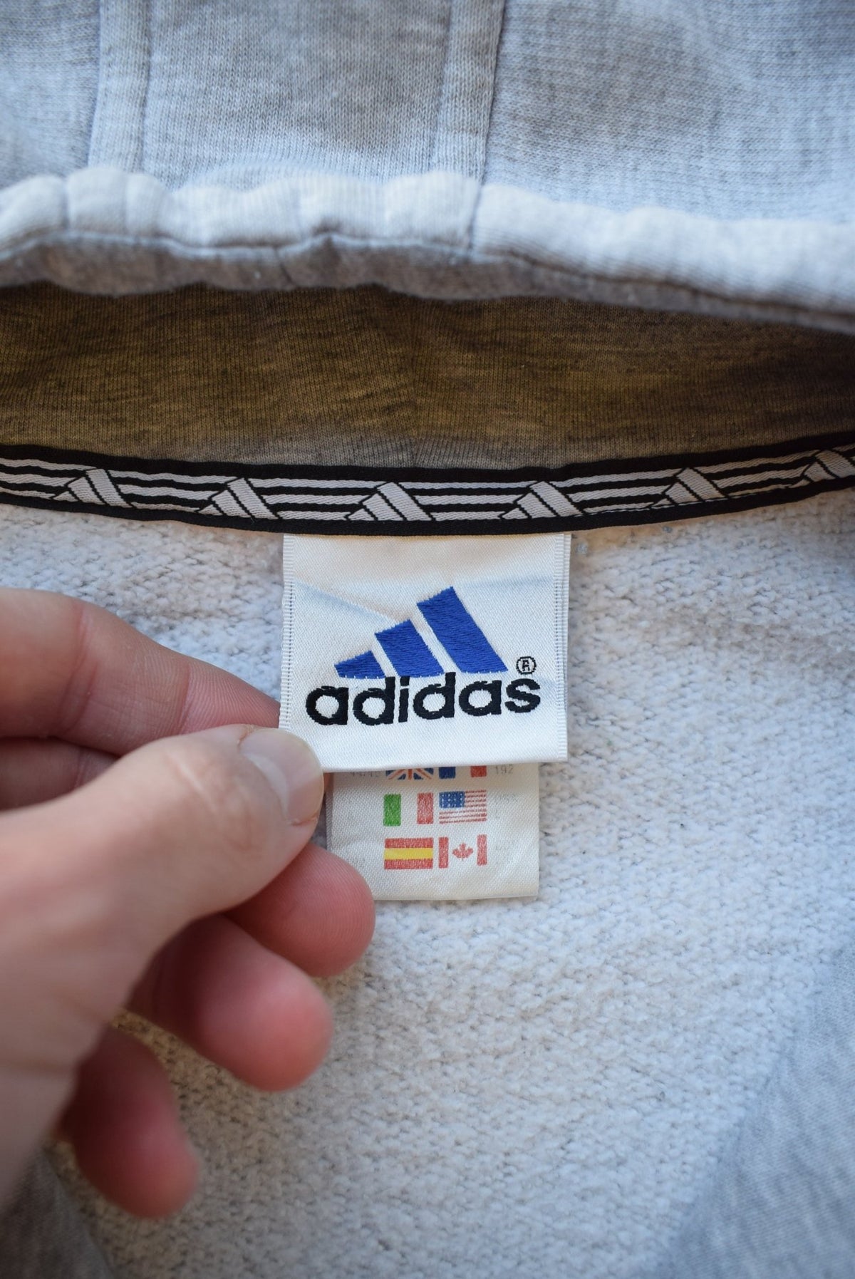 Adidas Grey Embroidered Spellout Full-Zip Hoodie — 1990s (XL) - Retrospective Store
