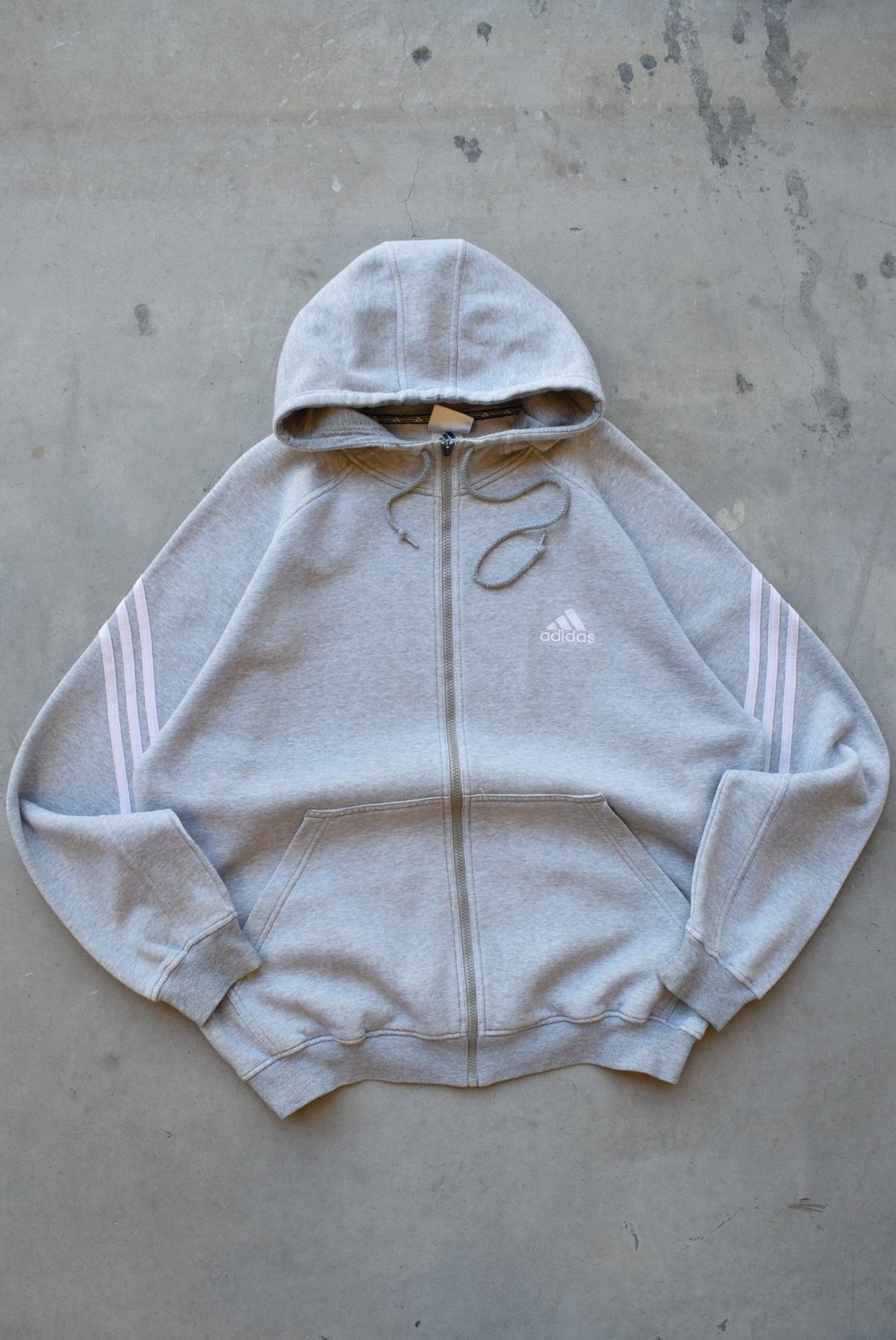 Adidas Grey Embroidered Spellout Full-Zip Hoodie — 1990s (XL) - Retrospective Store