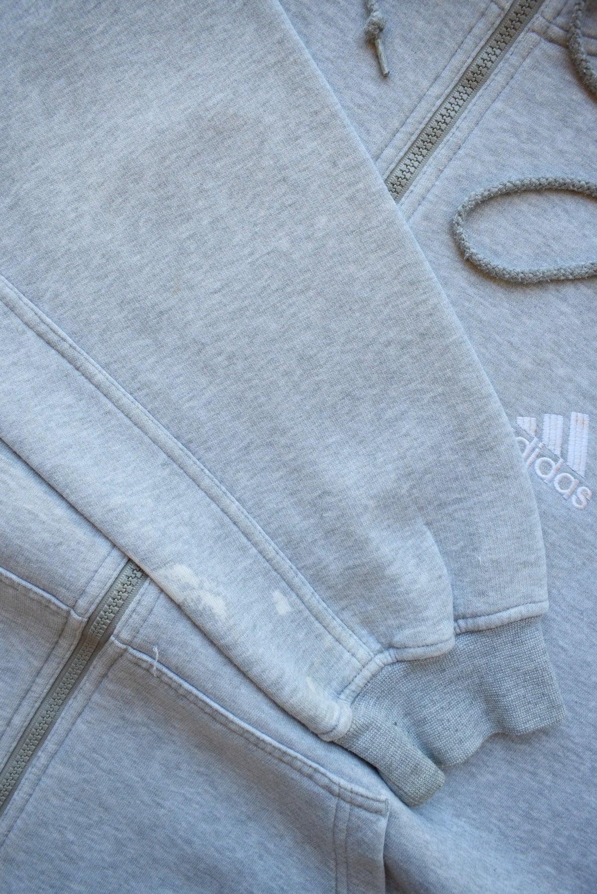 Adidas Grey Embroidered Spellout Full-Zip Hoodie — 1990s (XL) - Retrospective Store