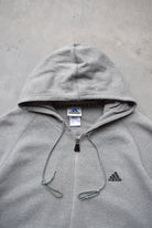 Adidas Grey Embroidered Spellout Full-Zip Hoodie — 1990s (XL) - Retrospective Store
