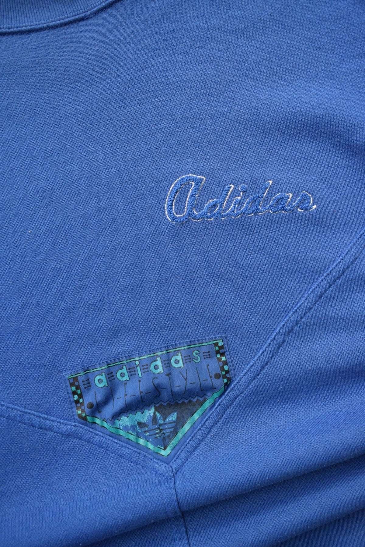 Adidas Lifestyle Blue Embroidered Spellout Crewneck — 1990s (L) - Retrospective Store