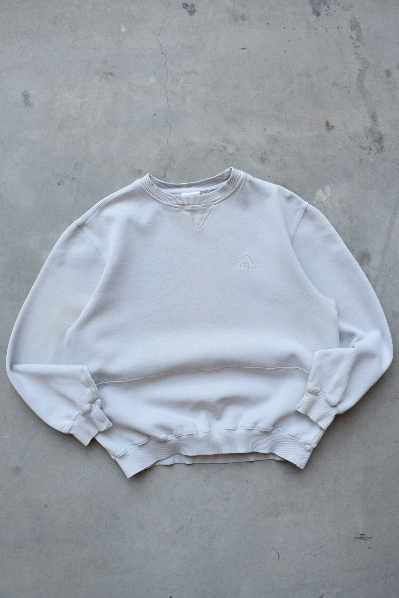 Adidas Light-Grey Embroidered Logo Crewneck — 1990s (S) - Retrospective Store