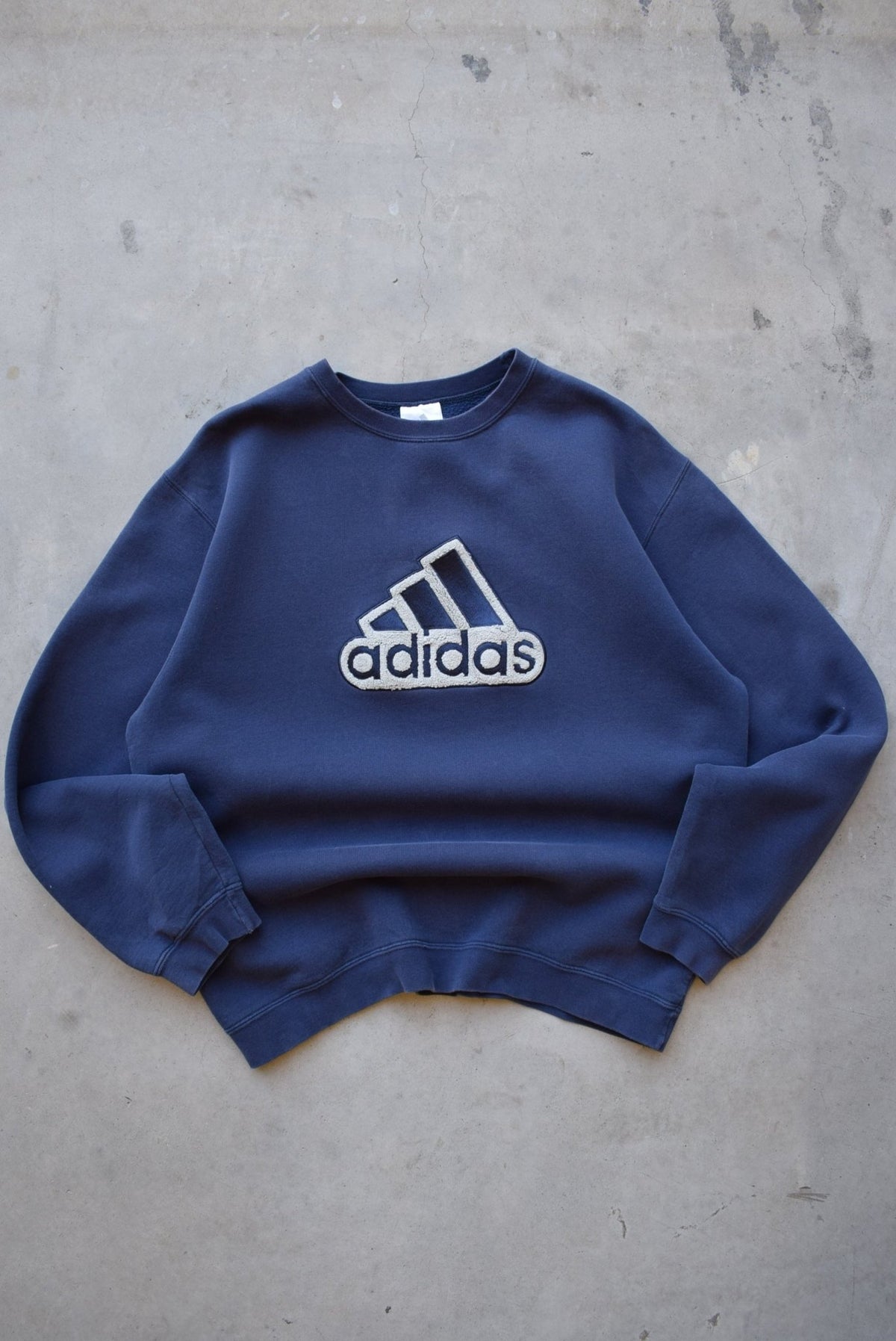 Adidas Navy Embroidered Spellout Crewneck — 1990s (L) - Retrospective Store
