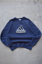 Adidas Navy Embroidered Spellout Crewneck — 1990s (L) - Retrospective Store