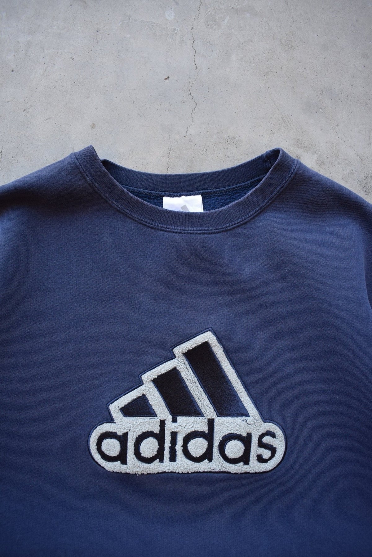 Adidas Navy Embroidered Spellout Crewneck — 1990s (L) - Retrospective Store