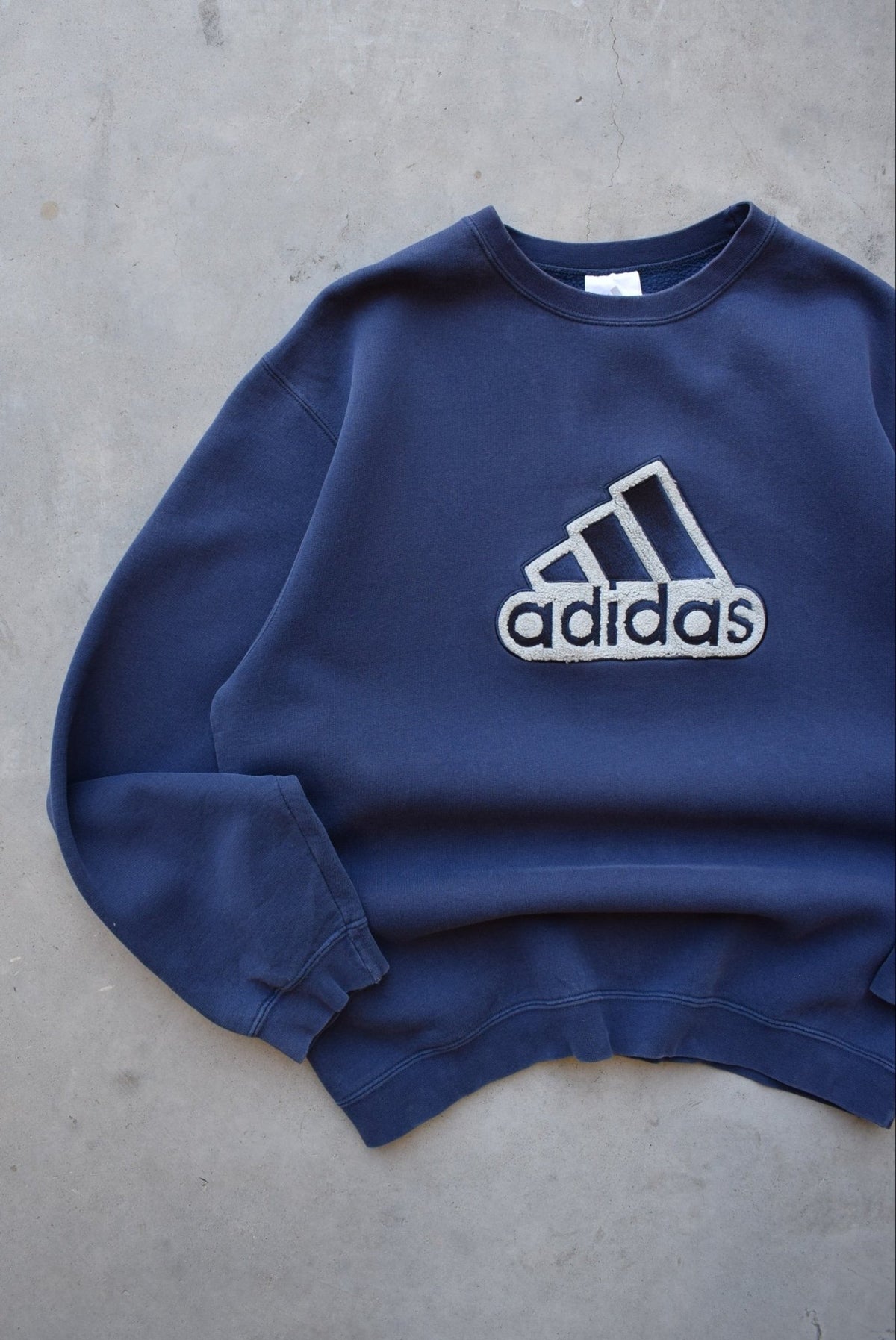 Adidas Navy Embroidered Spellout Crewneck — 1990s (L) - Retrospective Store