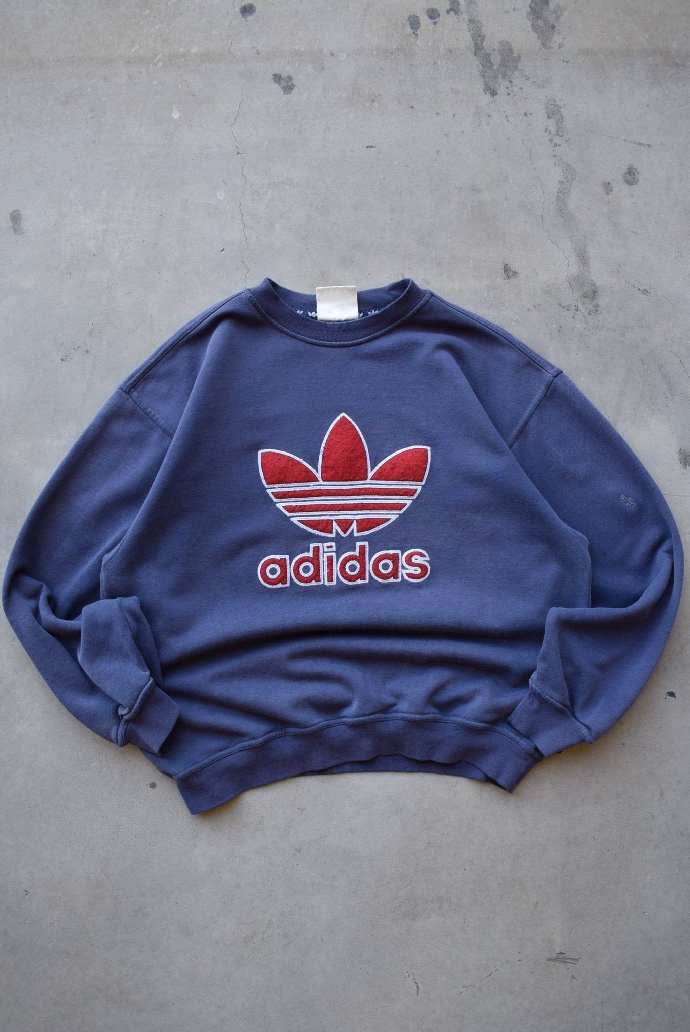Adidas Navy Embroidered Spellout Crewneck — 1990s (M) - Retrospective Store