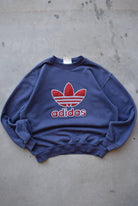 Adidas Navy Embroidered Spellout Crewneck — 1990s (M) - Retrospective Store