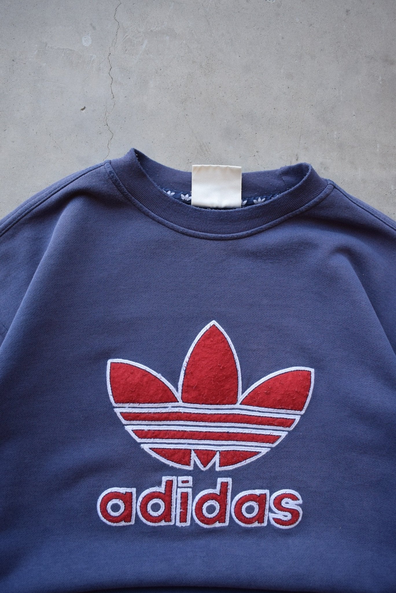 Adidas Navy Embroidered Spellout Crewneck — 1990s (M) - Retrospective Store