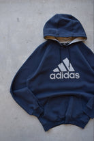 Adidas Navy Embroidered Spellout Hoodie — 2000s (L) - Retrospective Store