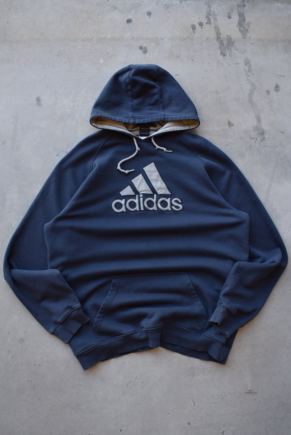 Adidas Navy Embroidered Spellout Hoodie — 2000s (XXL) - Retrospective Store