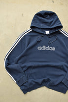 Adidas Navy Embroidered Spellout Hoodie — 2000s (XXL) - Retrospective Store