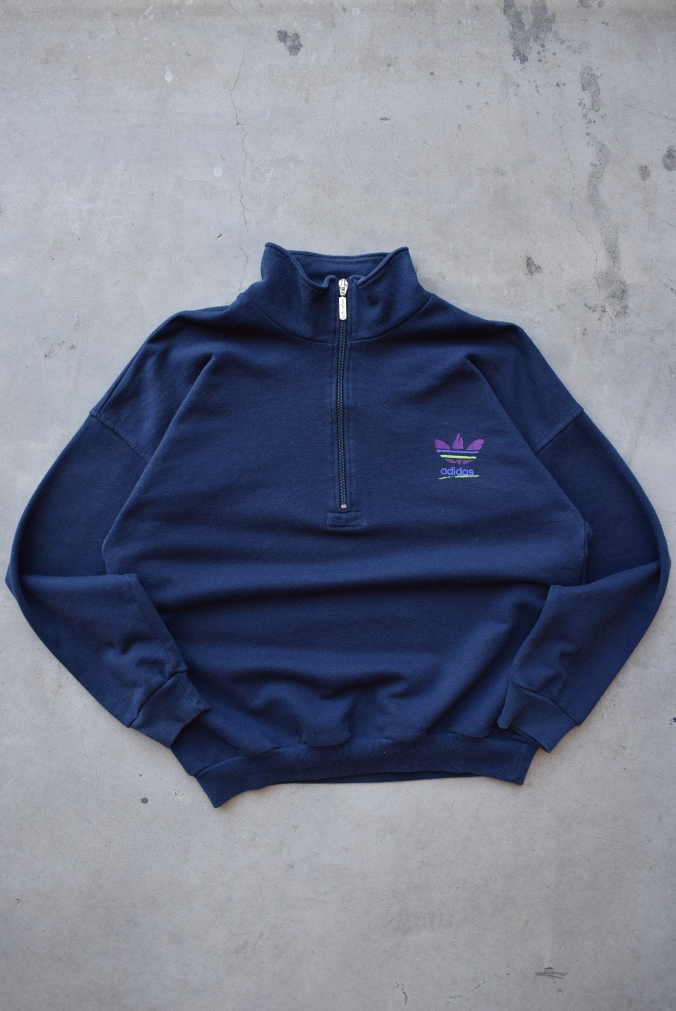 Adidas Navy Spellout Quarter Zip — 1990s (S/M) - Retrospective Store