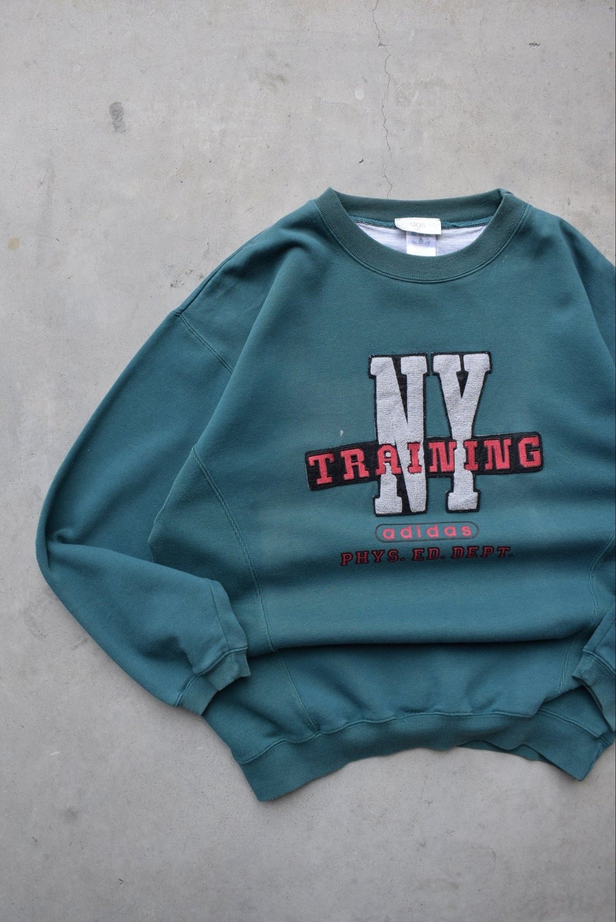 Adidas Phys. Ed. Dept. Green Embroidered Spellout Crewneck — 1990s (M/L) - Retrospective Store