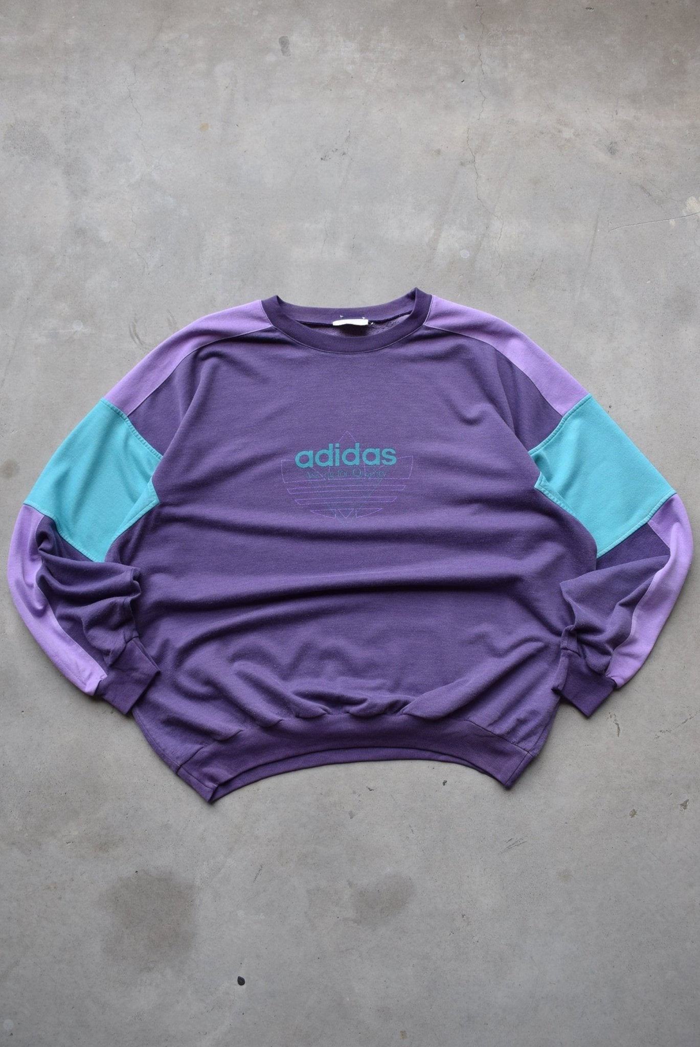 Adidas Purple Graphic Spellout Crewneck — 1980s (XL) - Retrospective Store