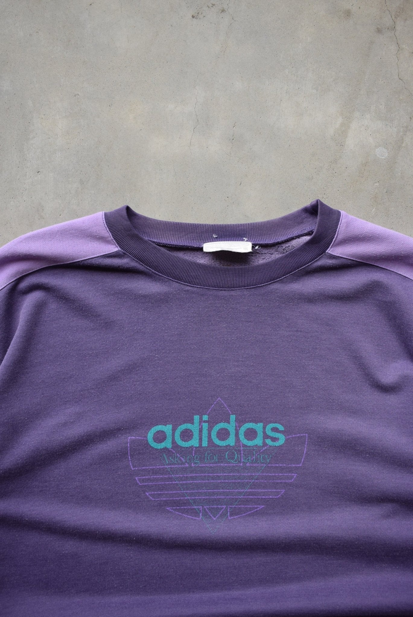 Adidas Purple Graphic Spellout Crewneck — 1980s (XL) - Retrospective Store