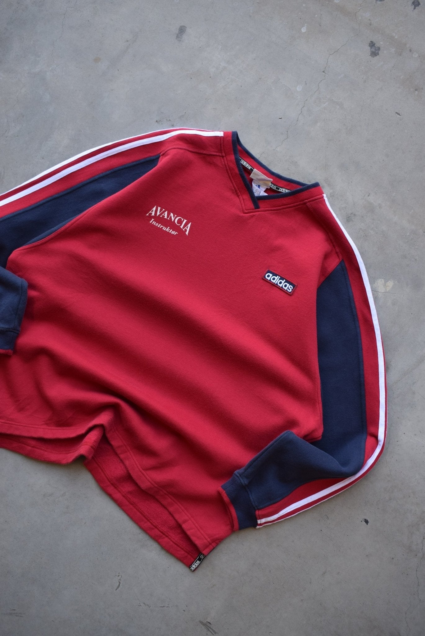 Adidas Red Embroidered Spellout Crewneck — 1990s (XL) - Retrospective Store
