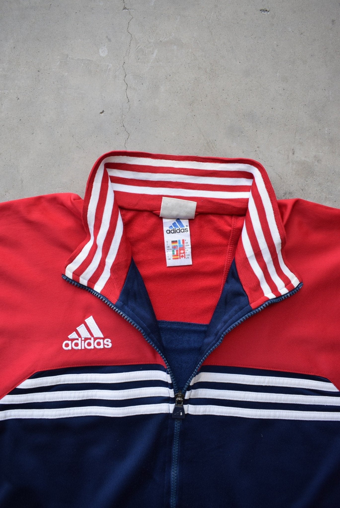 Adidas Red & Navy Embroidered Spellout Jacket — 1990s (L) - Retrospective Store