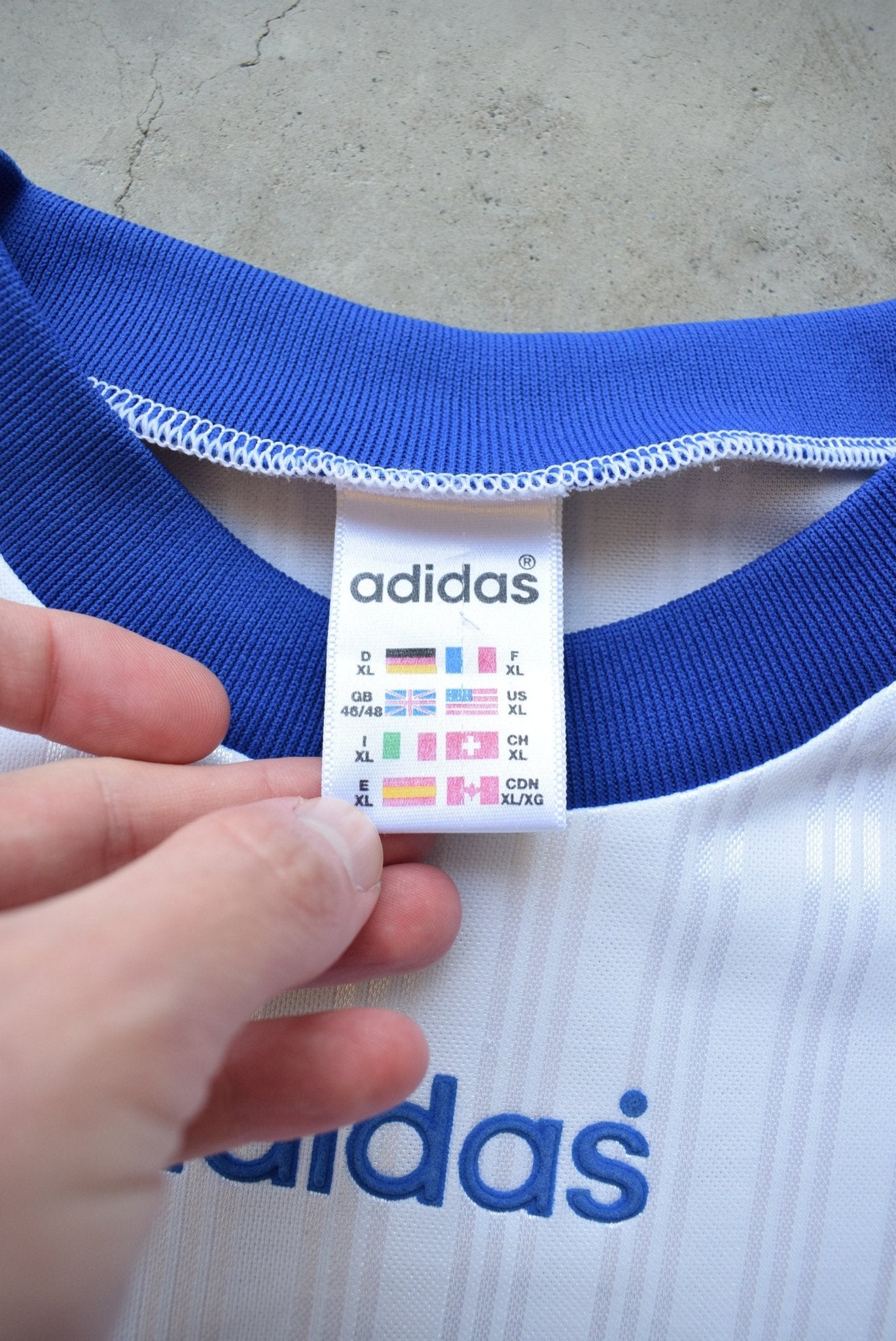Adidas White & Blue Embroidered Spellout Jersey — 1990s (XL) - Retrospective Store