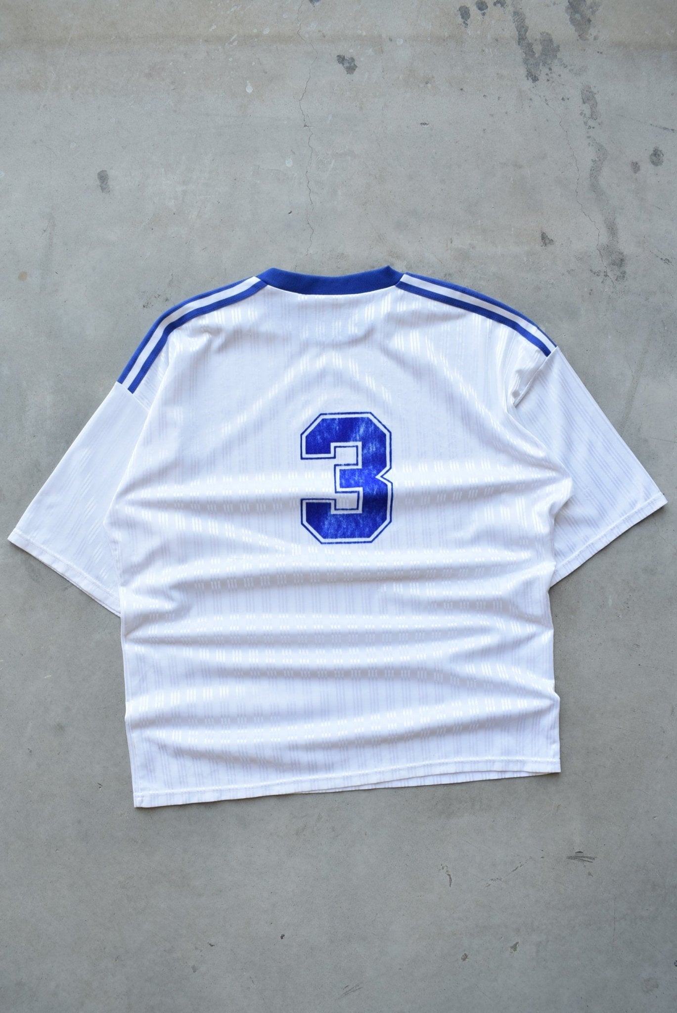 Adidas White & Blue Embroidered Spellout Jersey — 1990s (XL) - Retrospective Store