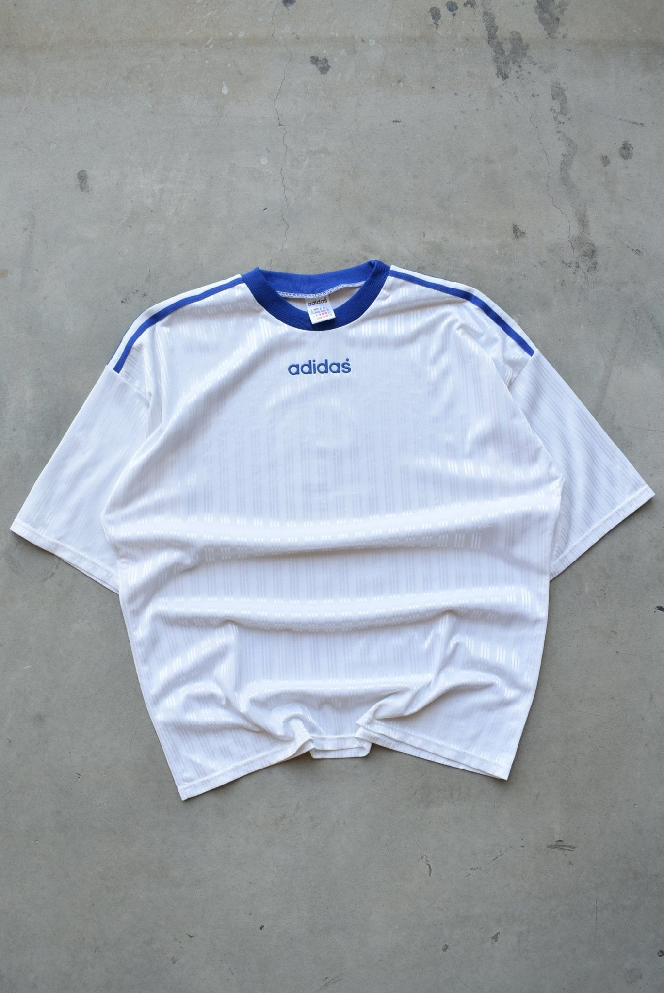 Adidas White & Blue Embroidered Spellout Jersey — 1990s (XL) - Retrospective Store