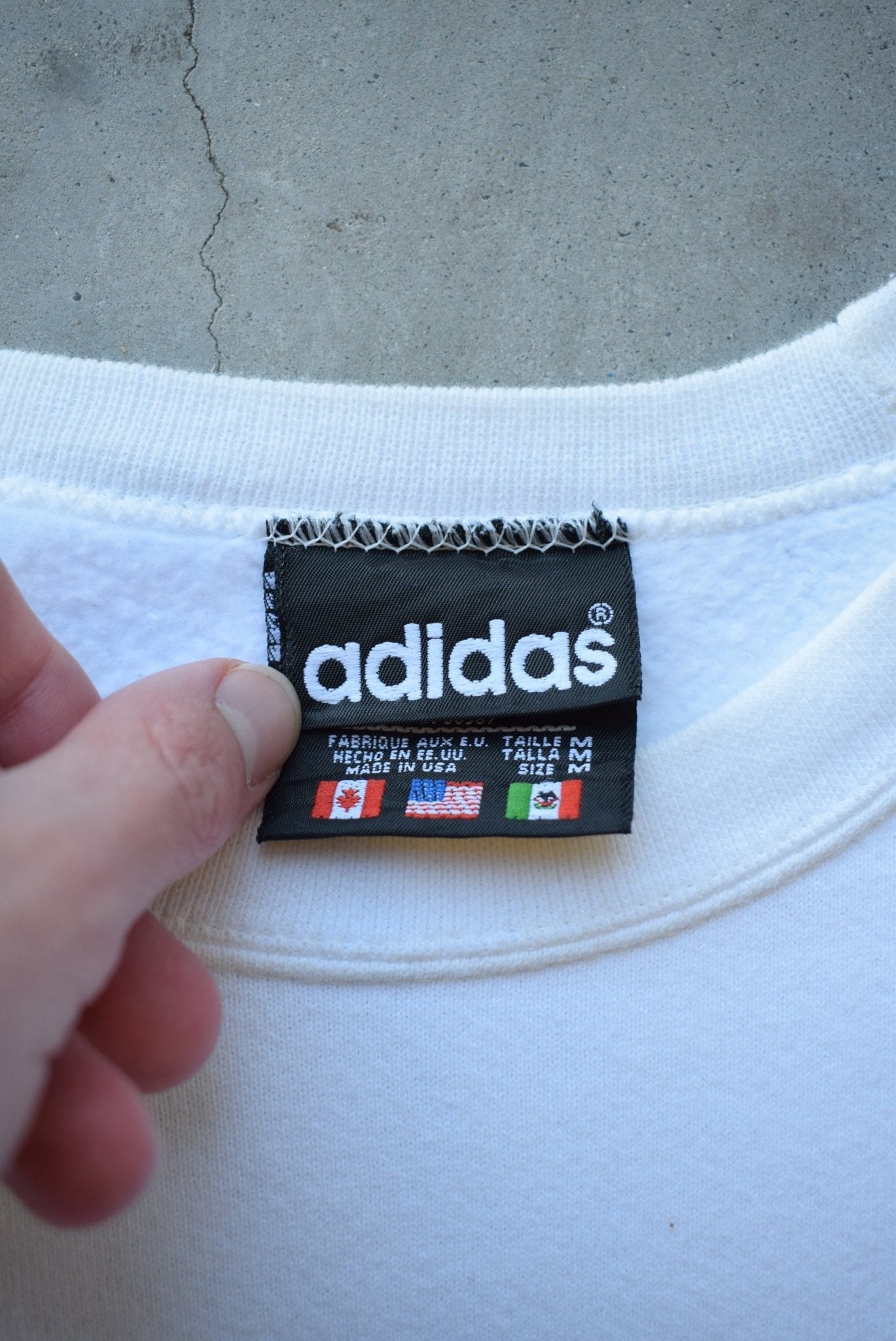 Adidas White Embroidered Spellout Crewneck — 1990s (M/L) - Retrospective Store