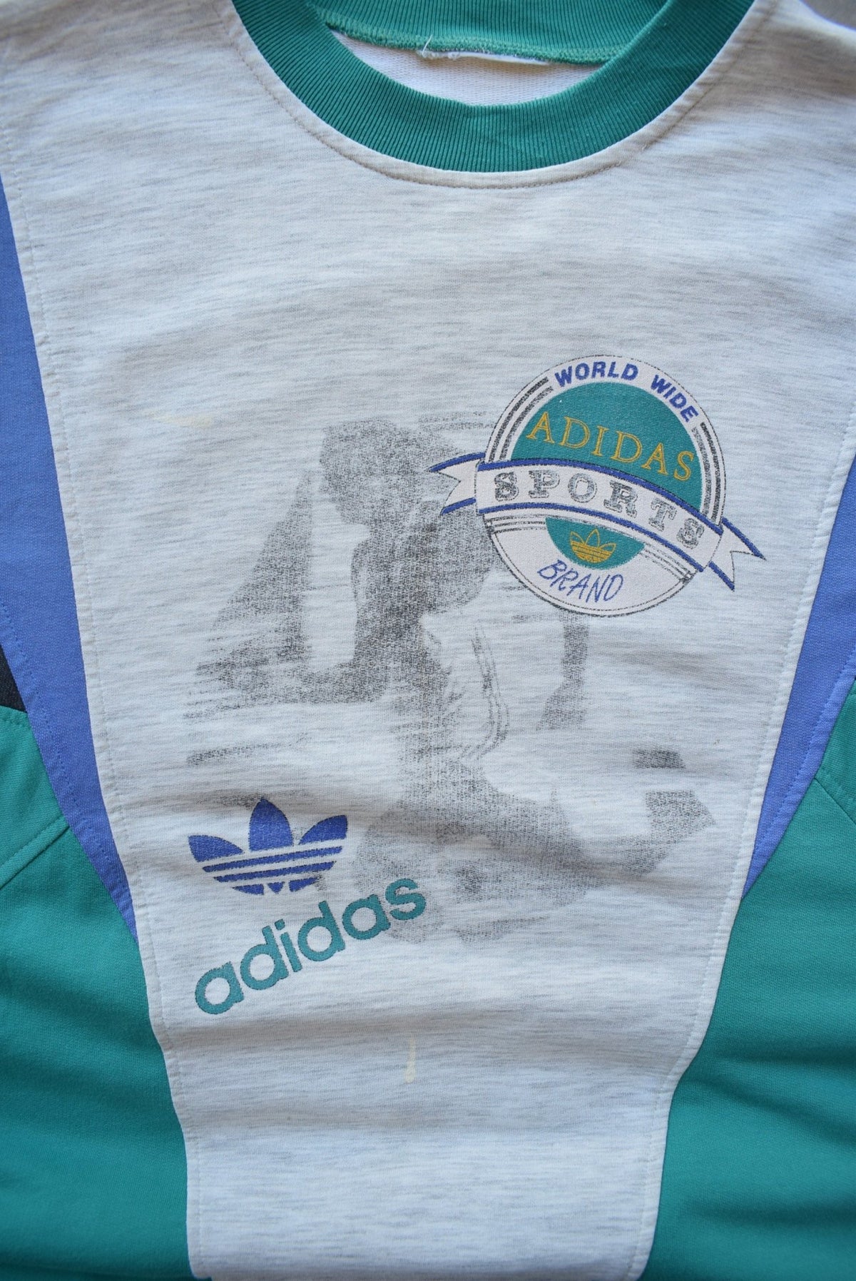 Adidas Worldwide Sports Grey & Green Graphic Crewneck — 1990s (L) - Retrospective Store