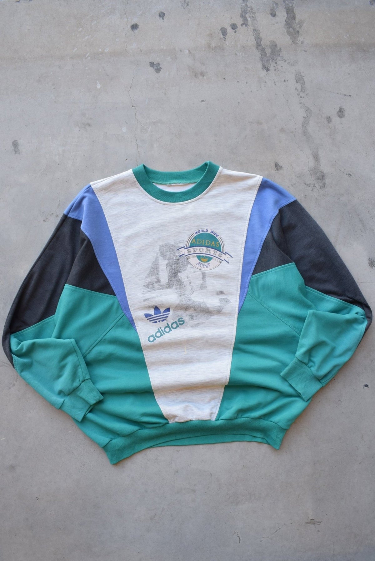 Adidas Worldwide Sports Grey & Green Graphic Crewneck — 1990s (L) - Retrospective Store