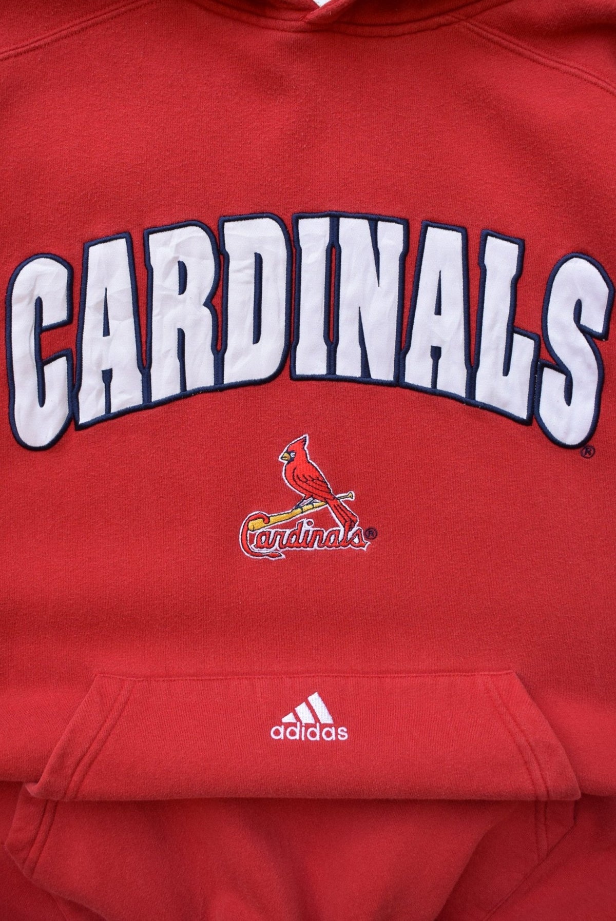 Adidas x MLB St. Louis Cardinals Red Embroidered Spellout Hoodie — 2000s (XXL) - Retrospective Store