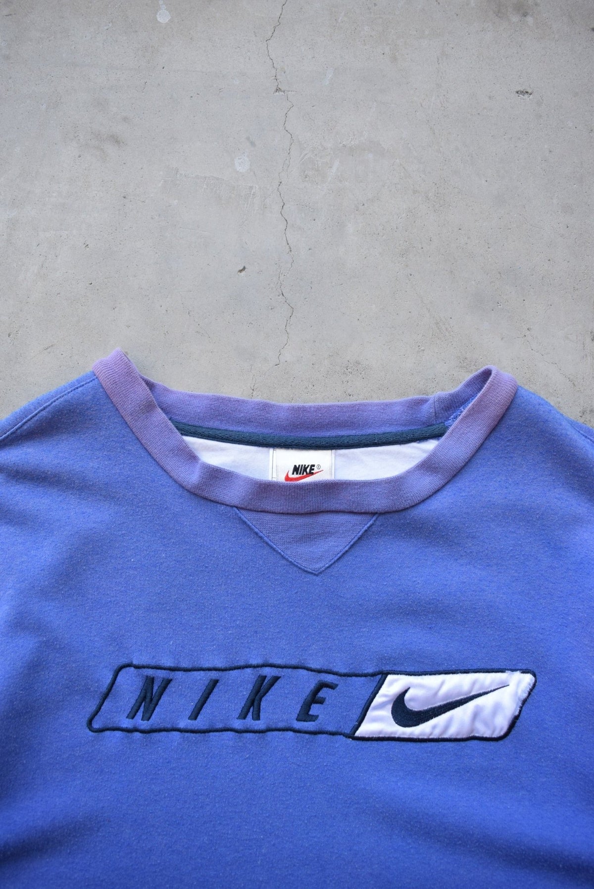 Bootleg Nike Baby-Blue Embroidered Spellout Crewneck — 1990s (S/M) - Retrospective Store