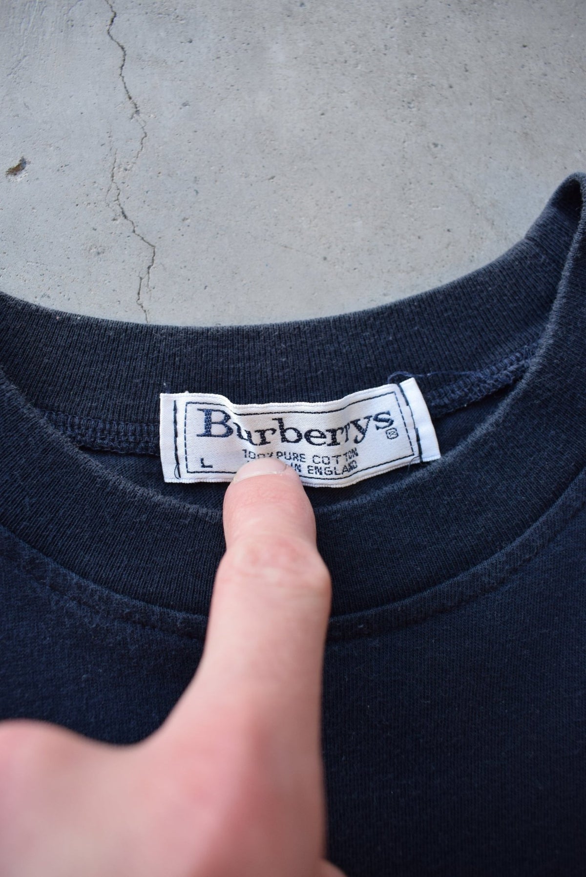 Burberrys Navy Embroidered Spellout Tee — 1990s (L) - Retrospective Store
