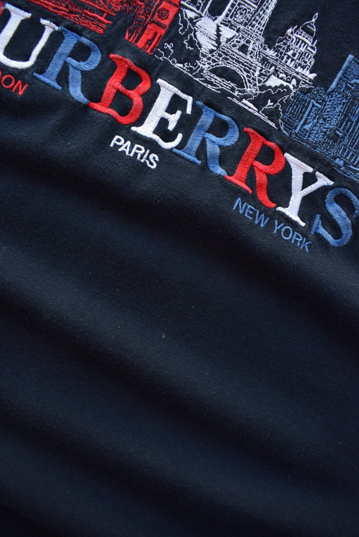 Burberrys Navy Embroidered Spellout Tee — 1990s (L) - Retrospective Store