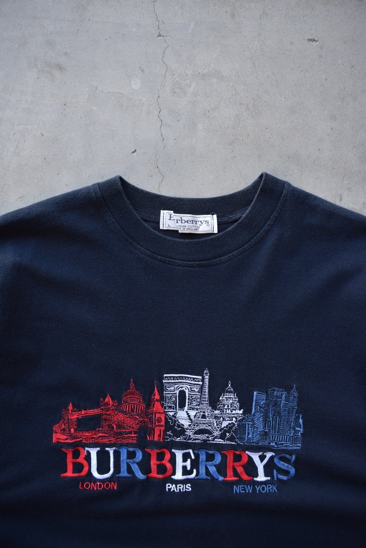 Burberrys Navy Embroidered Spellout Tee — 1990s (L) - Retrospective Store