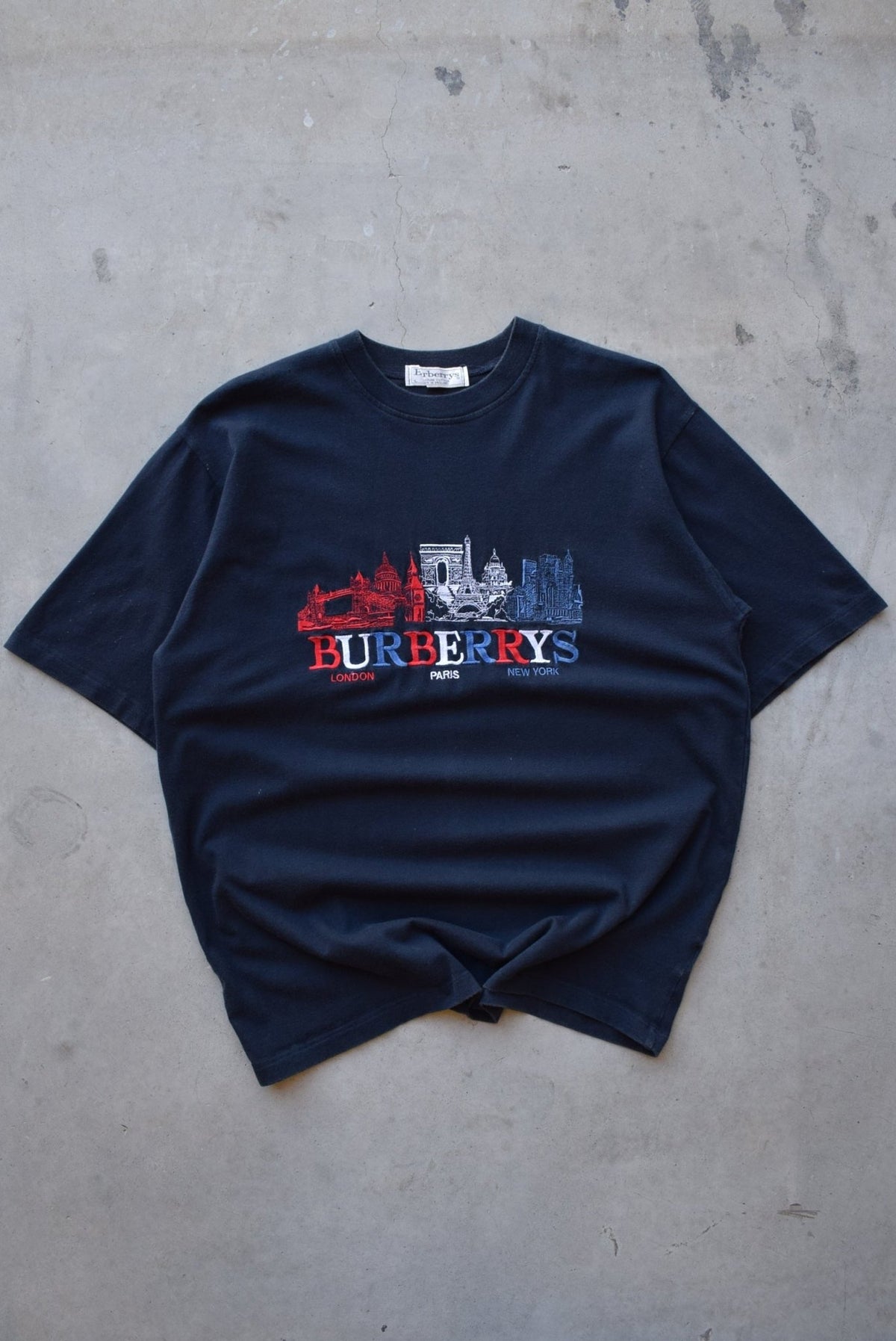 Burberrys Navy Embroidered Spellout Tee — 1990s (L) - Retrospective Store