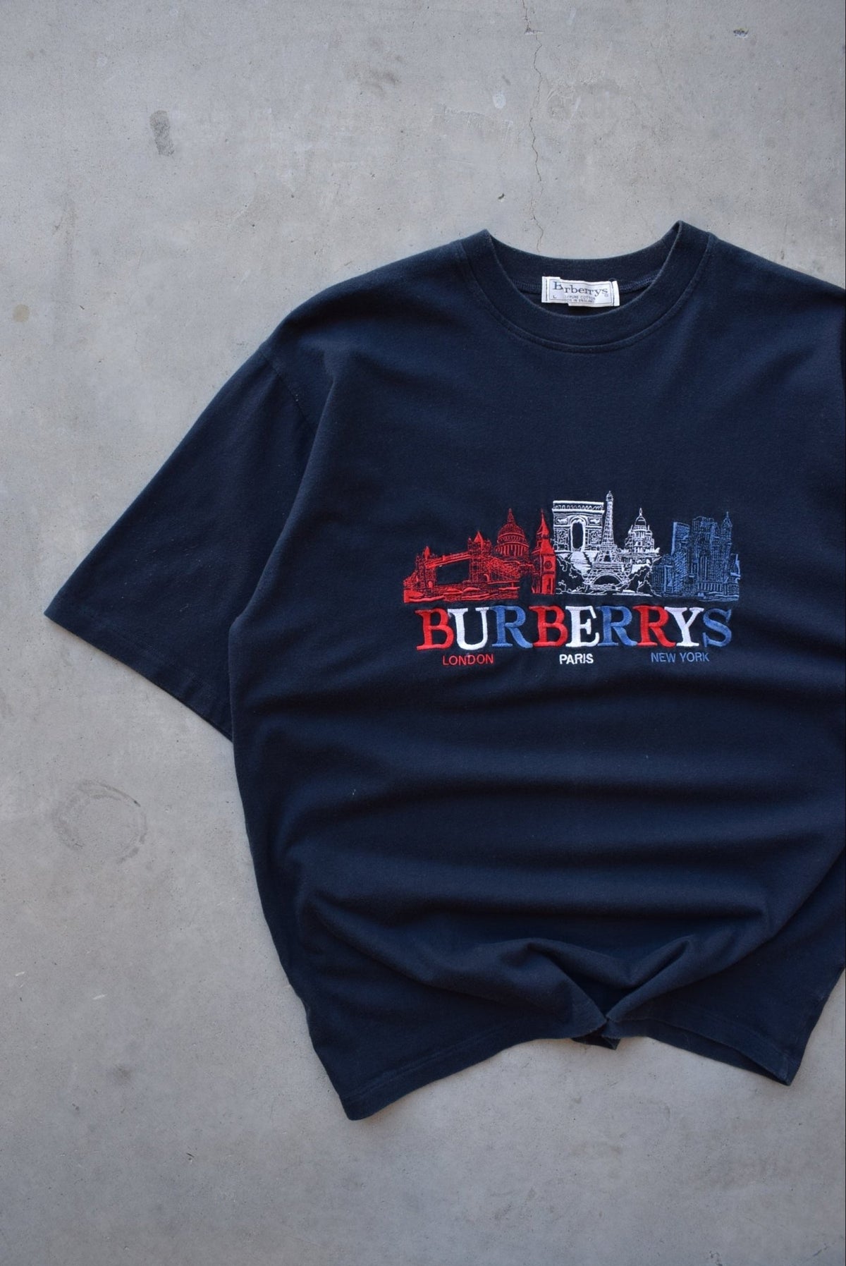 Burberrys Navy Embroidered Spellout Tee — 1990s (L) - Retrospective Store