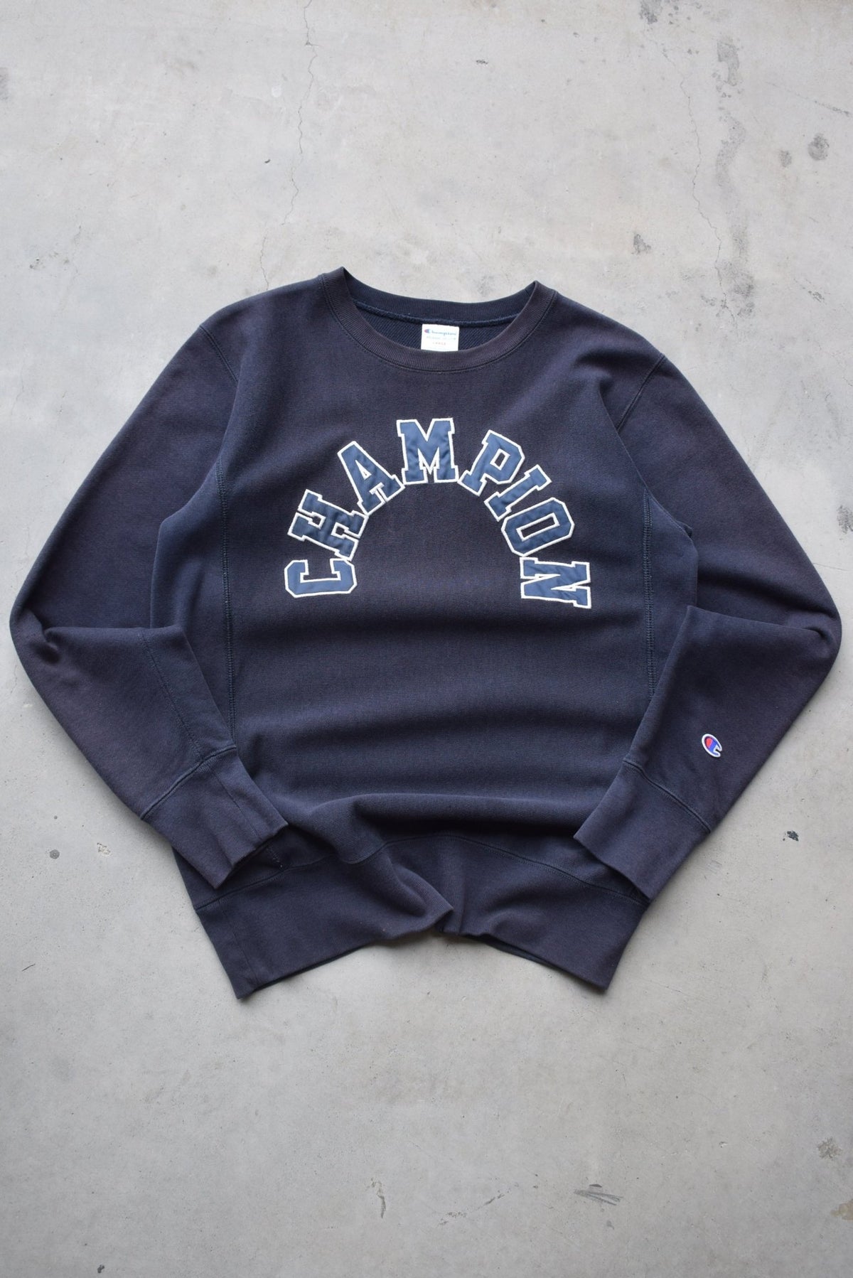 Champion Reverse-Weave Navy Embroidered Spellout Crewneck — 2000s (S) - Retrospective Store