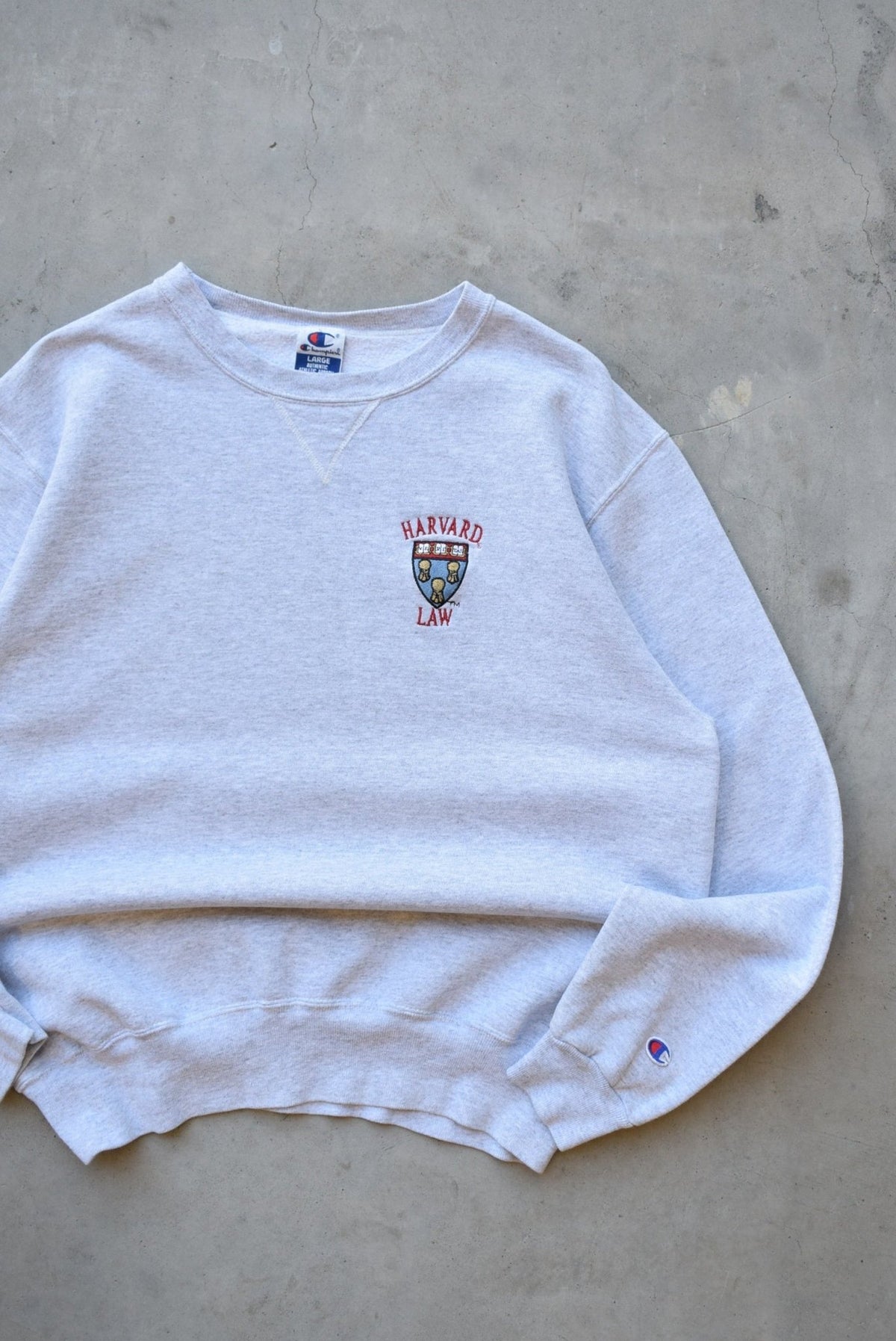 Champion x Harvard Law Grey Embroidered Crewneck — 1990s (L) - Retrospective Store