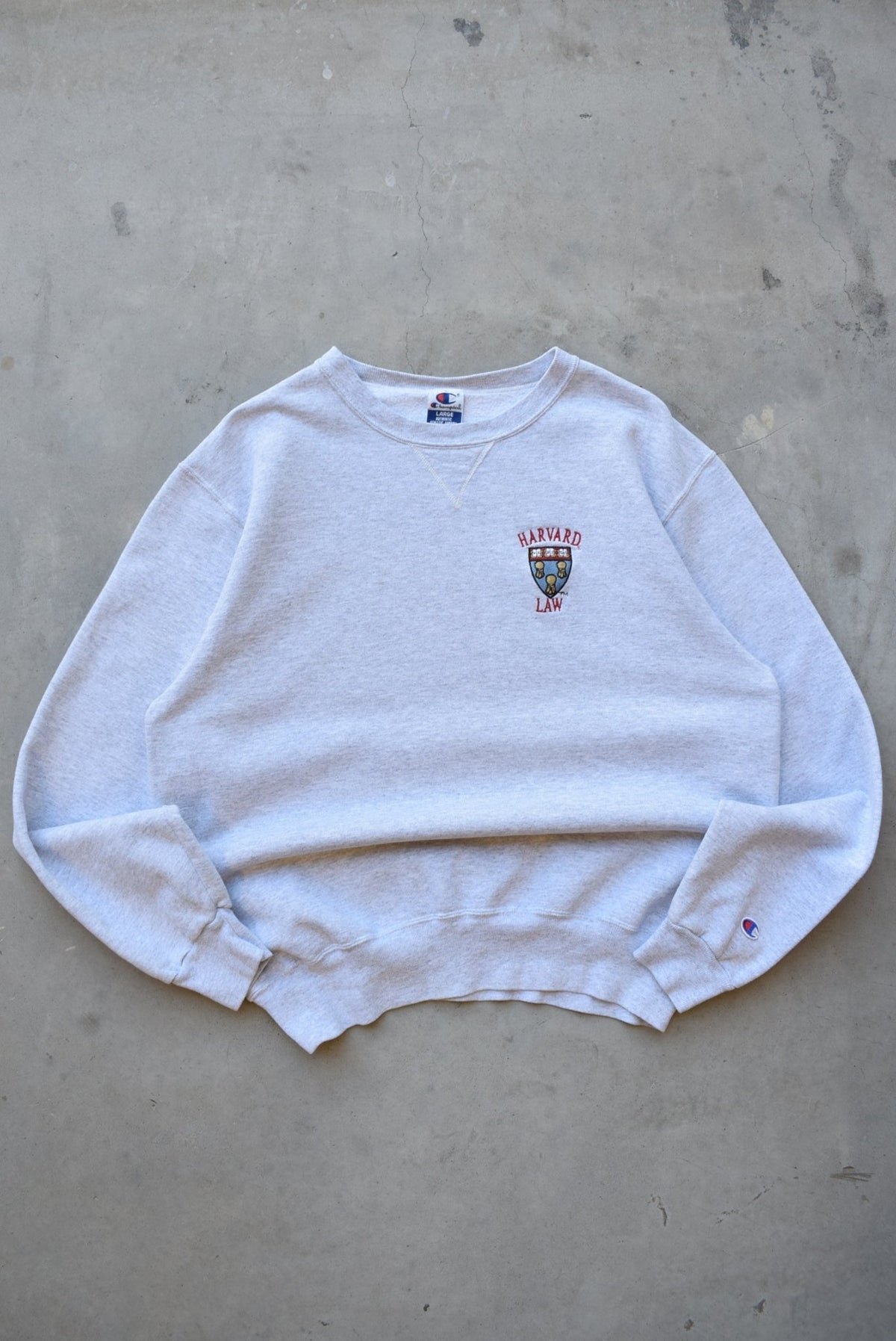 Champion x Harvard Law Grey Embroidered Crewneck — 1990s (L) - Retrospective Store