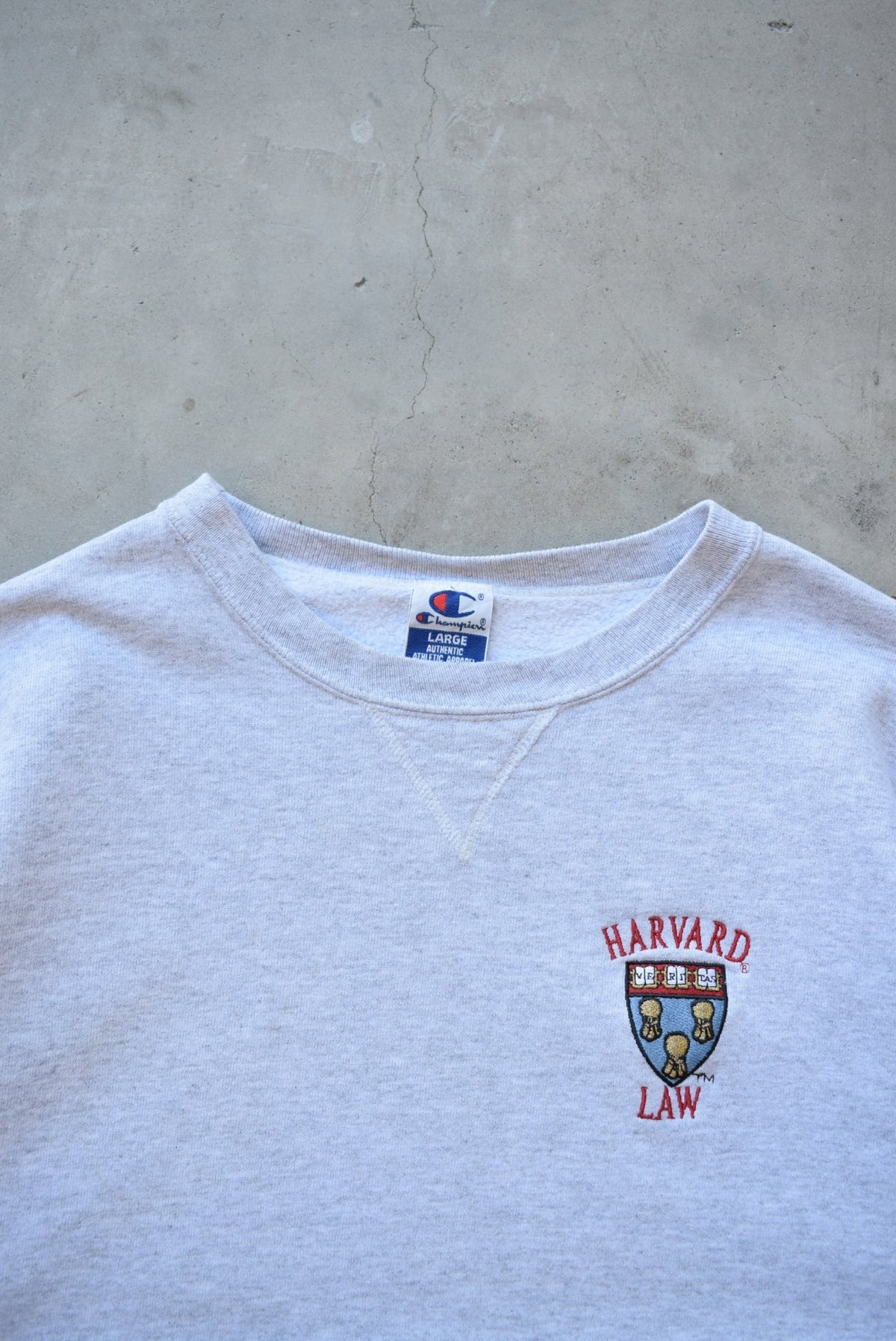 Champion x Harvard Law Grey Embroidered Crewneck — 1990s (L) - Retrospective Store