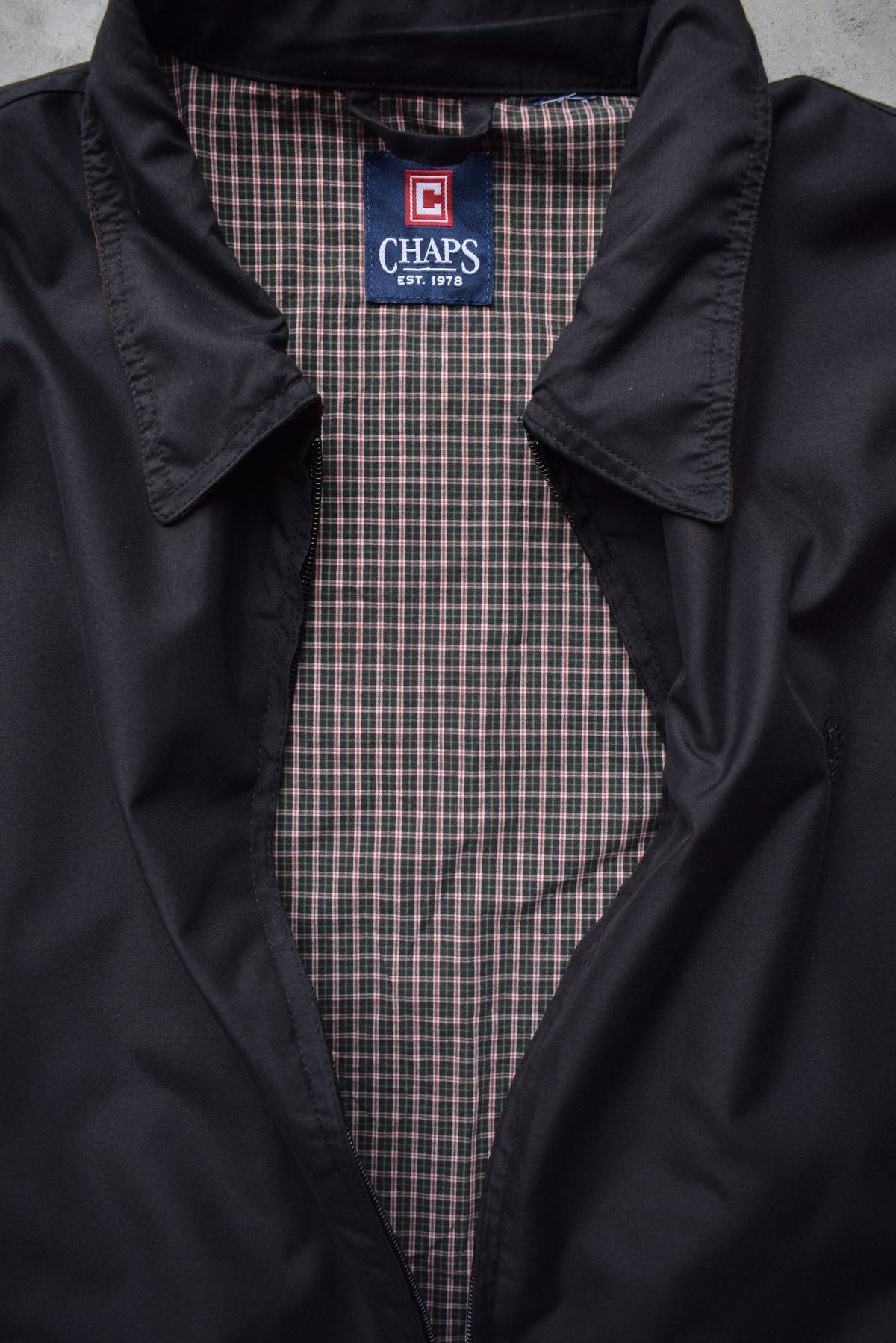 Chaps Ralph Lauren Black Embroidered Logo Harrington Jacket — 1990s (XL) - Retrospective Store