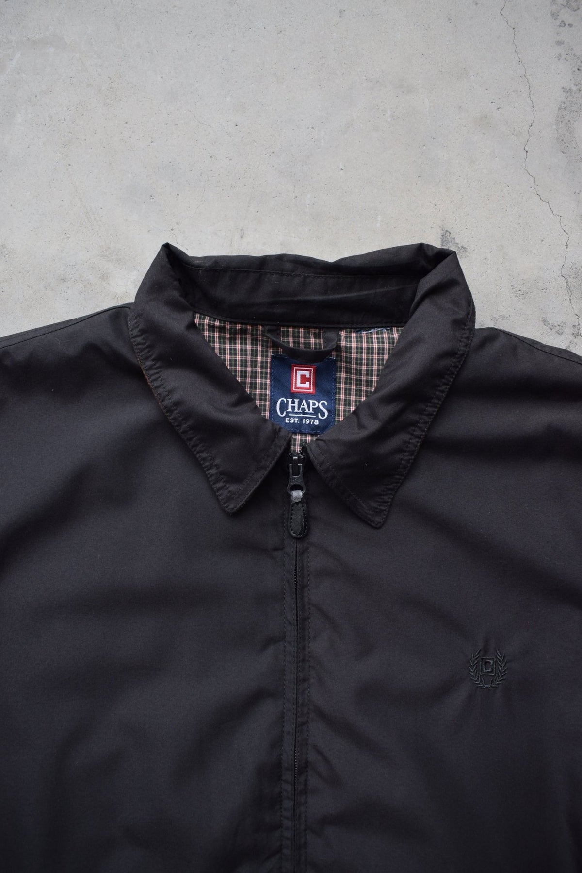 Chaps Ralph Lauren Black Embroidered Logo Harrington Jacket — 1990s (XL) - Retrospective Store