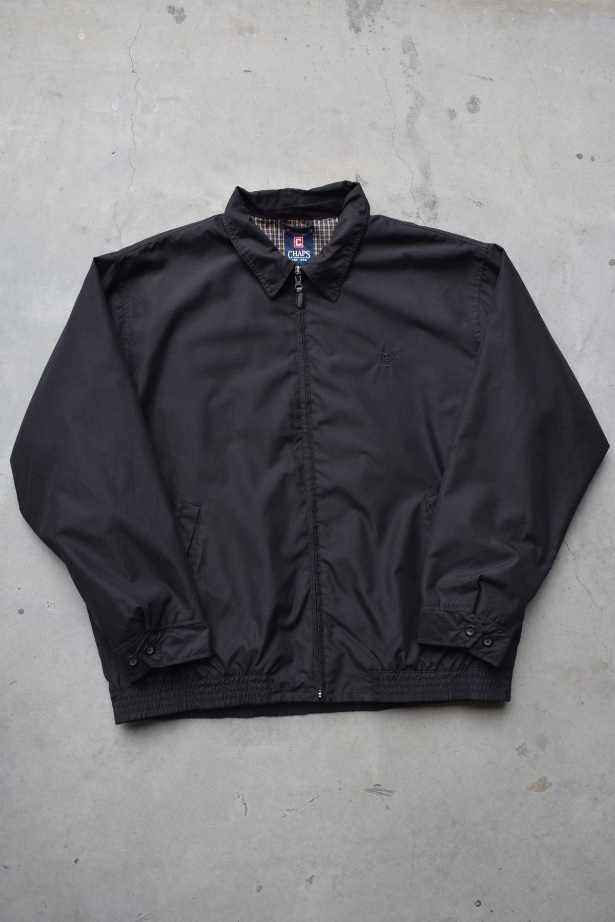 Chaps Ralph Lauren Black Embroidered Logo Harrington Jacket — 1990s (XL) - Retrospective Store