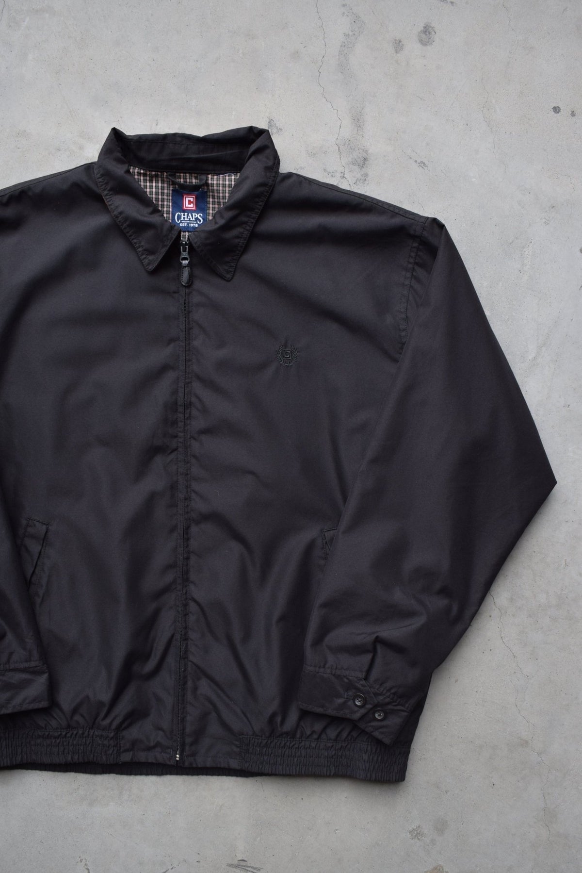 Chaps Ralph Lauren Black Embroidered Logo Harrington Jacket — 1990s (XL) - Retrospective Store