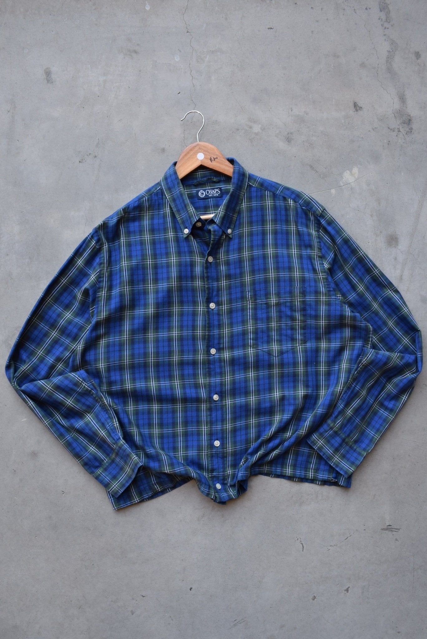 Chaps Ralph Lauren Blue & Green Cropped Long Sleeve Button Up — 2000s (L) - Retrospective Store