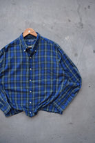 Chaps Ralph Lauren Blue & Green Cropped Long Sleeve Button Up — 2000s (L) - Retrospective Store