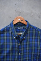 Chaps Ralph Lauren Blue & Green Cropped Long Sleeve Button Up — 2000s (L) - Retrospective Store