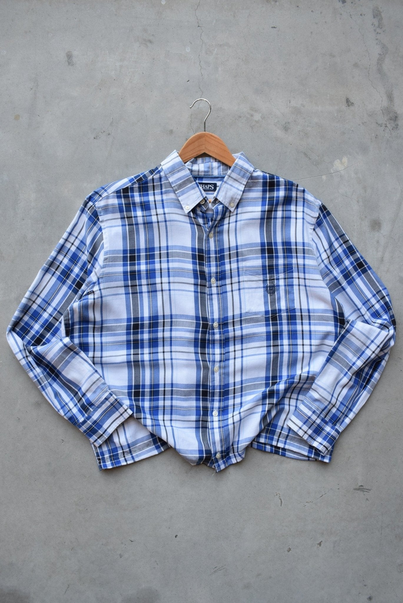 Chaps Ralph Lauren Blue & White Cropped Long Sleeve Button Up — 2000s (XL) - Retrospective Store