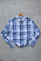 Chaps Ralph Lauren Blue & White Cropped Long Sleeve Button Up — 2000s (XL) - Retrospective Store